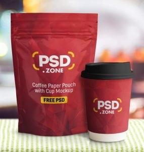 Coffee Paper Pouch with Cup Mockup