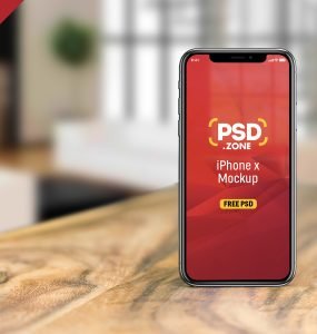 iPhone X on Wooden Table Mockup