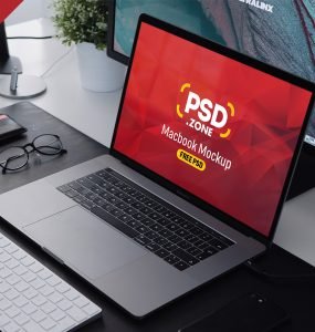 Macbook Pro on Workstation Mockup PSD