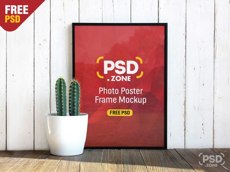Photo Poster Frame with Flower Pot Mockup