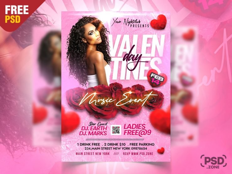 Valentines Day Club Music Party Flyer PSD