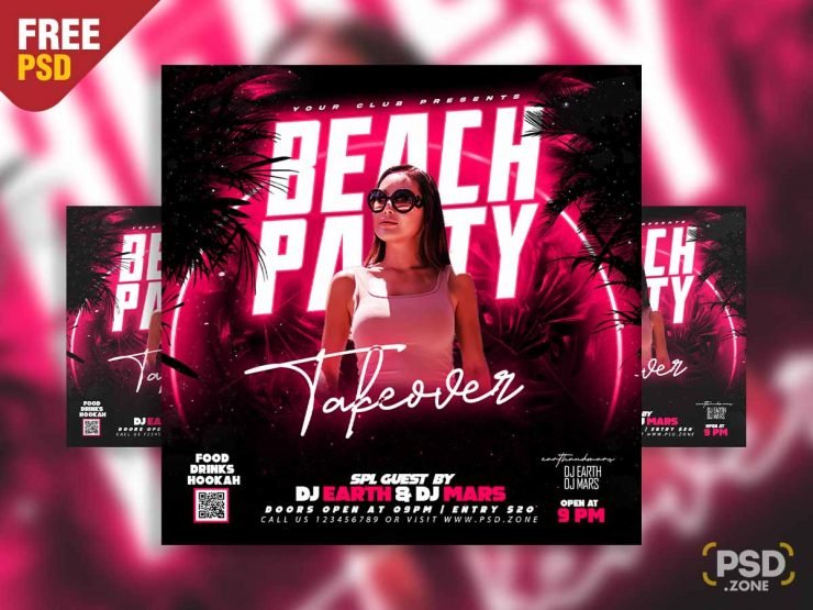 Beach party takeover social media post PSD