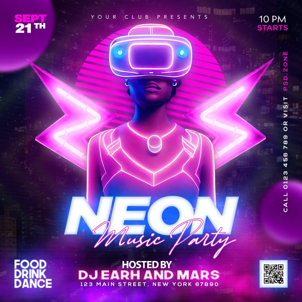 Neon Music Party Social Media Post PSD