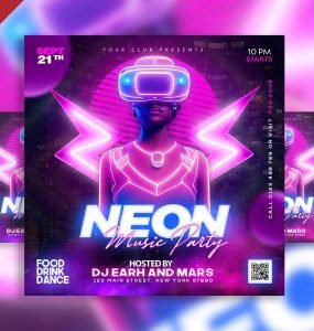 Neon Music Party Social Media Post PSD