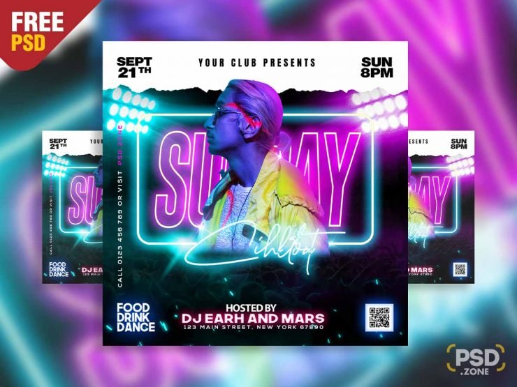 Neon Sunday Chillout party Instagram post PSD