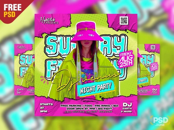 Sunday Night Party Comic Style Social Post PSD