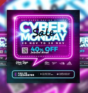 Neon cyber Monday sale social media post PSD