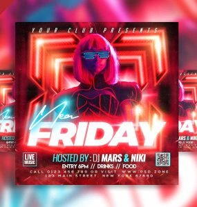 Neon friday party social media post PSD