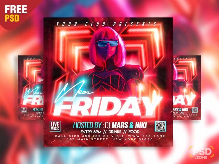 Neon friday party social media post PSD
