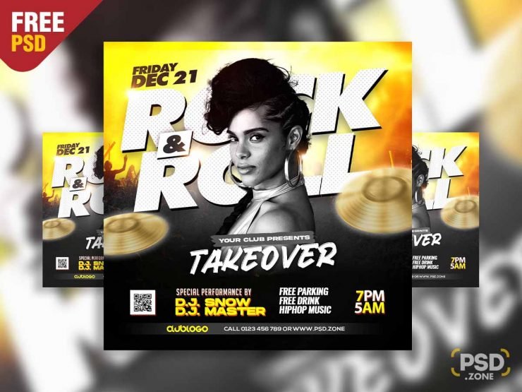 Rock and roll takeover party social media post PSD