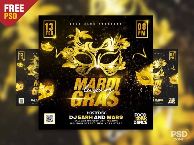 Luxury mardi gras party social media post PSD