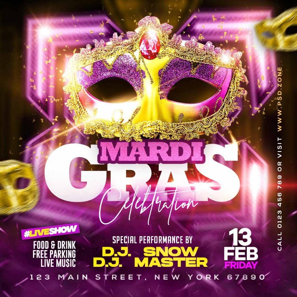 Mardi gras celebration social media post PSD
