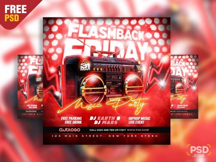 Flashback friday music party social media post PSD
