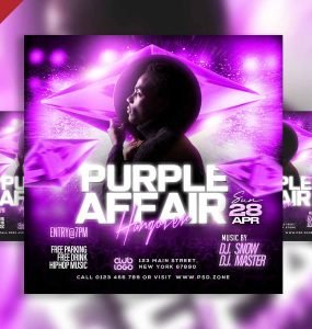 Purple affair hangover party social media post PSD