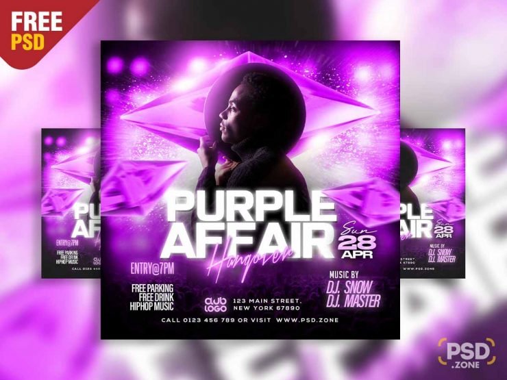Purple affair hangover party social media post PSD