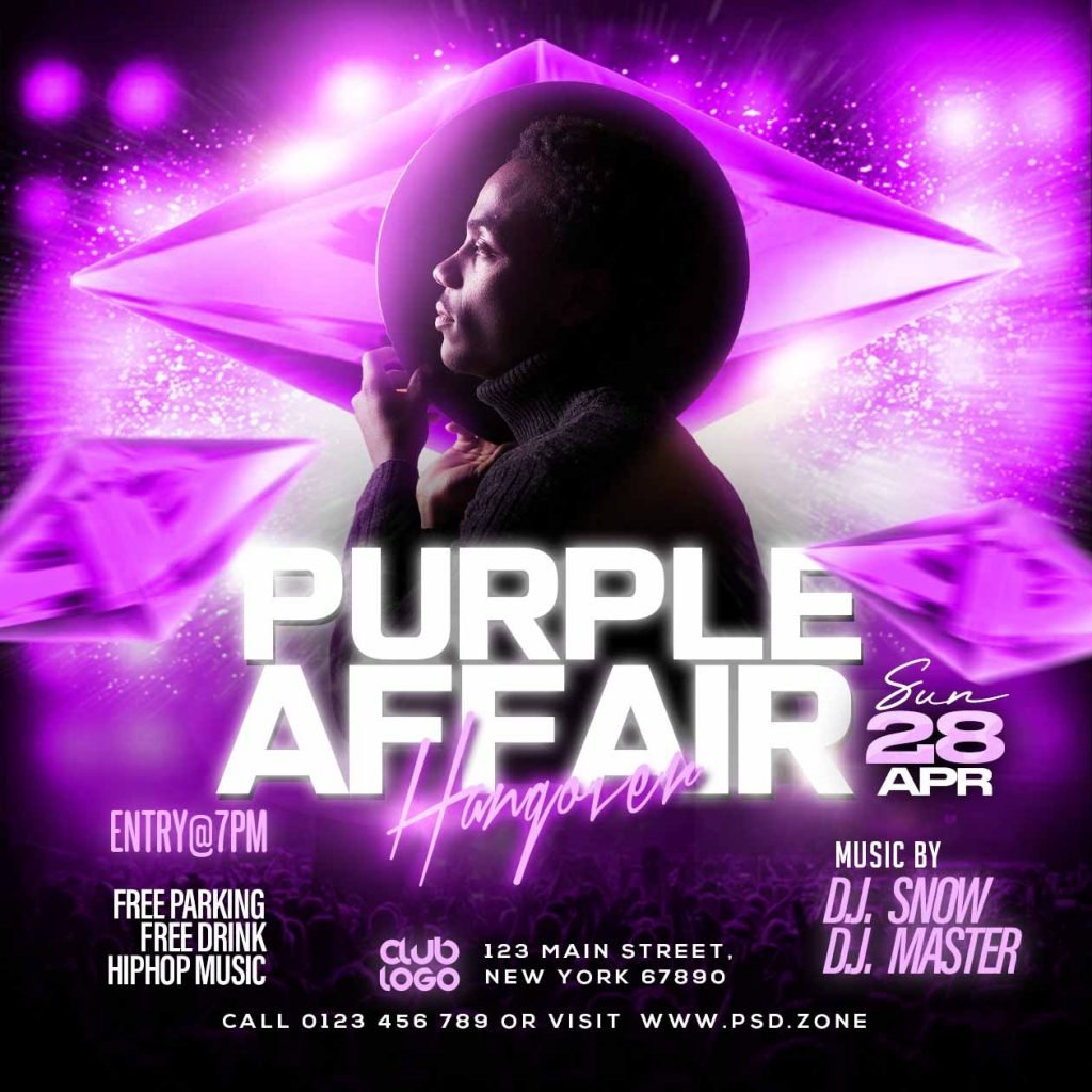 Purple affair hangover party social media post PSD