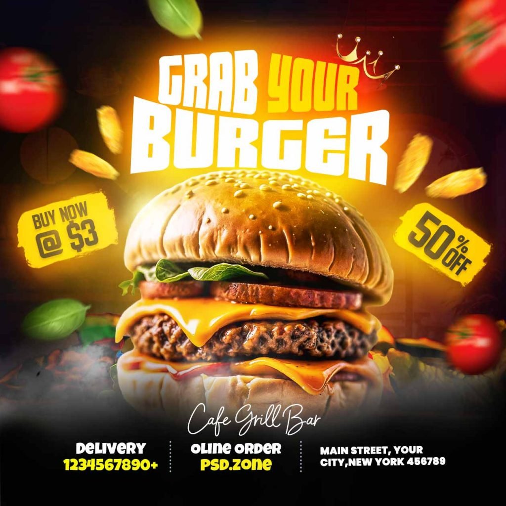 Grab your burger restaurant social media post PSD