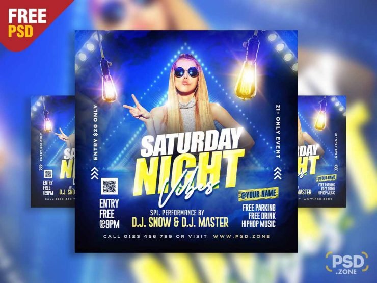 Saturday night vibes party social media post PSD