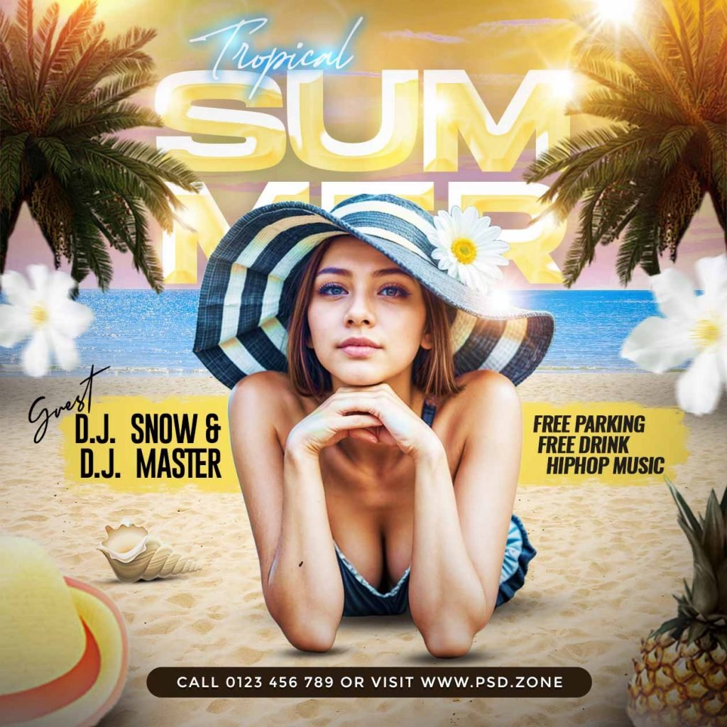 Tropical summer party event social media post PSD
