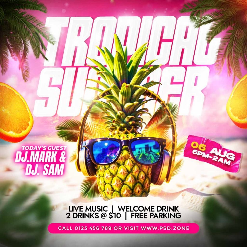 Tropical summer party social media post PSD