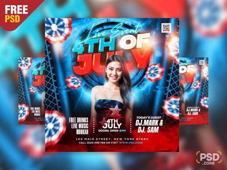 4th of july live event party social media post PSD