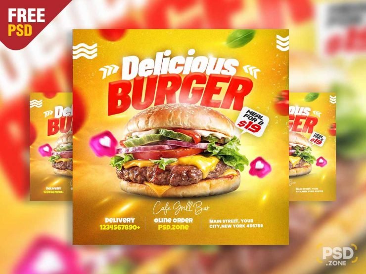 Delicious burger restaurant social media post PSD